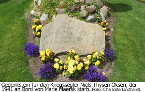 Gedenkstein für den Kriegssegler Niels Thysen Oksen, der 1941 an Bord von Marie Maersk starb. Foto: Charlotte Lindhardt.